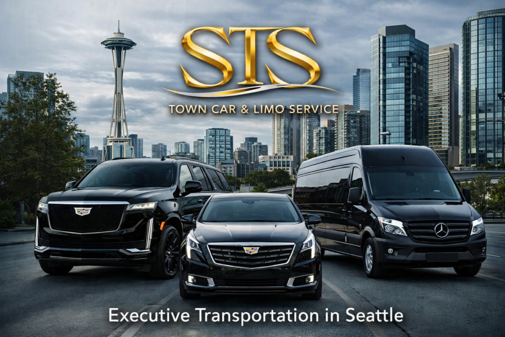 Seattle executive transportation service with Cadillac Escalade, Cadillac sedan, and Mercedes Sprinter in downtown Seattle by Seattle STS Town Car