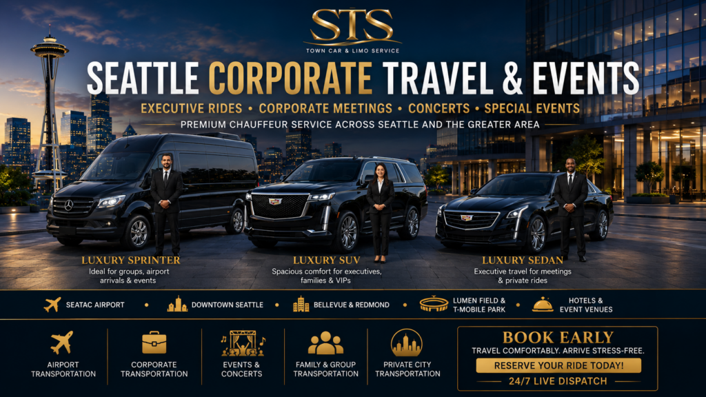 Seattle corporate transportation with luxury sedan, SUV, Sprinter van, and professional chauffeurs for executive travel, airport transfers, concerts, events, and business meetings.