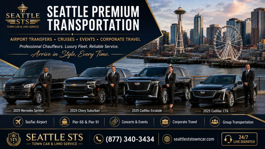 Seattle premium transportation with luxury sedan, SUV, and Sprinter van near the Seattle waterfront for airport transfers, cruises, events, concerts, corporate travel, and group transportation.