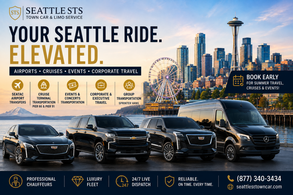 Seattle luxury transportation with sedan, SUV, Escalade, Suburban, and Sprinter van near the Seattle waterfront for airport transfers, cruises, events, corporate travel, and group transportation