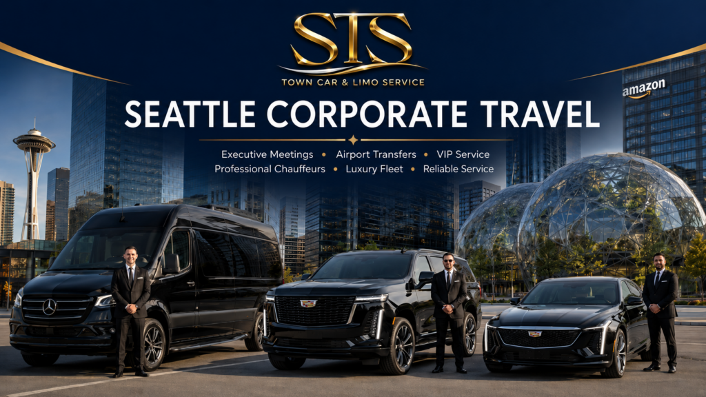 Seattle corporate travel with luxury chauffeur service, 2025 Mercedes Sprinter, 2025 Cadillac Escalade, and 2025 Cadillac CT6 in Downtown Seattle.